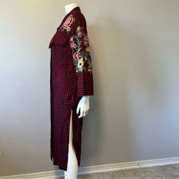 Zara trf Duster Tunic Dress Red Navy Plaid Embroidered Floral Belted size XS - Picture 9 of 14